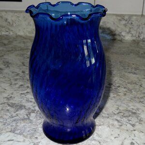 RARE Vintage Indiana Glass Cobalt Blue Swirl 6.5" Vase "Illusions" Ruffled Rim